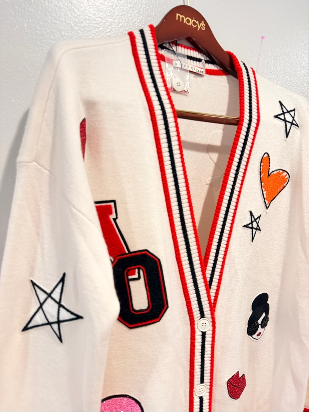 Alice & Olivia Graphic Cardigan Sweater with Red Trim - Picture 4 of 7